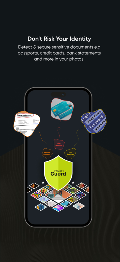 Privacy Guard: Photos & Docs - Privacy Guard app interface identifying sensitive documents like bank statements and credit cards in a photo library for identity protection