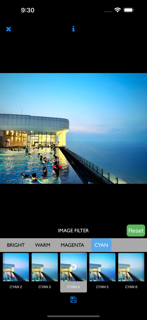 TAPCA - TAPCA app interface showing various cyan-themed photo filters applied to a picture of an infinity pool overlooking the ocean.
