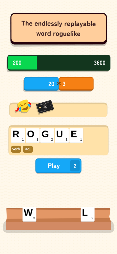 Wordlike - Word Roguelike - A gameplay screenshot of Wordlike showing the word ROGUE being played to reach a target score with multipliers and item effects.