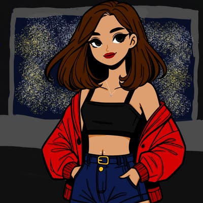 a realistic girl with a crop top and short shorts in an open jacket