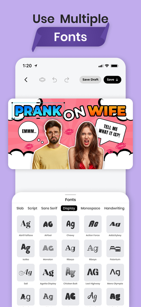 Thumbnail Maker For YT studios - Interfaz de una aplicación móvil que muestra una variedad de estilos de fuente para crear miniaturas personalizadas de YouTube