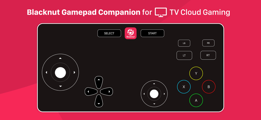 Blacknut Gamepad Companion - Layout de gamepad digital para o aplicativo Blacknut Gamepad Companion mostrando botões virtuais e joysticks para jogos na nuvem