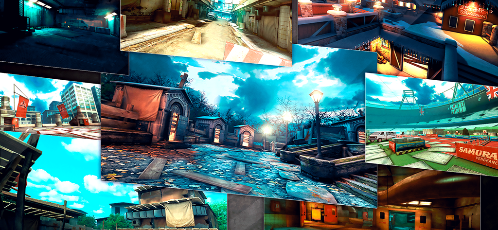 A collage of high-quality 3D gameplay environments from the DEAD TRIGGER survival shooter game including city streets a cemetery and a stadium.