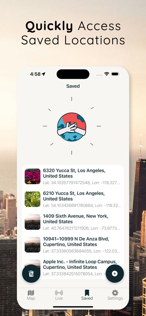 Live GPS Location Sharing - List of saved locations with addresses and GPS coordinates in the Live GPS Location Sharing app