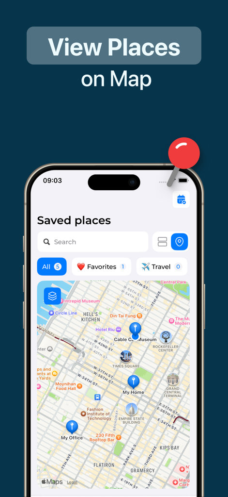 Location & GPS Saver - Share - Aplicación Logation mostrando ubicaciones guardadas y marcadores personalizados en un mapa interactivo de la ciudad