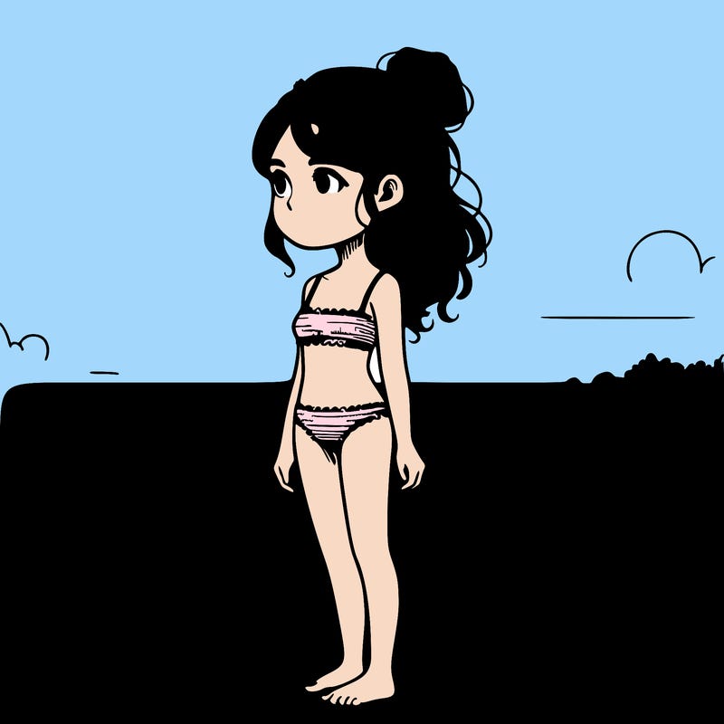 realistic girl at the beach in a small bikini