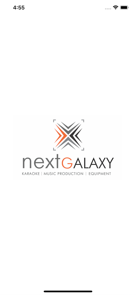 Tela de abertura do Next Galaxy Karaoke mostrando o logotipo da empresa e o slogan para produção musical e equipamentos.