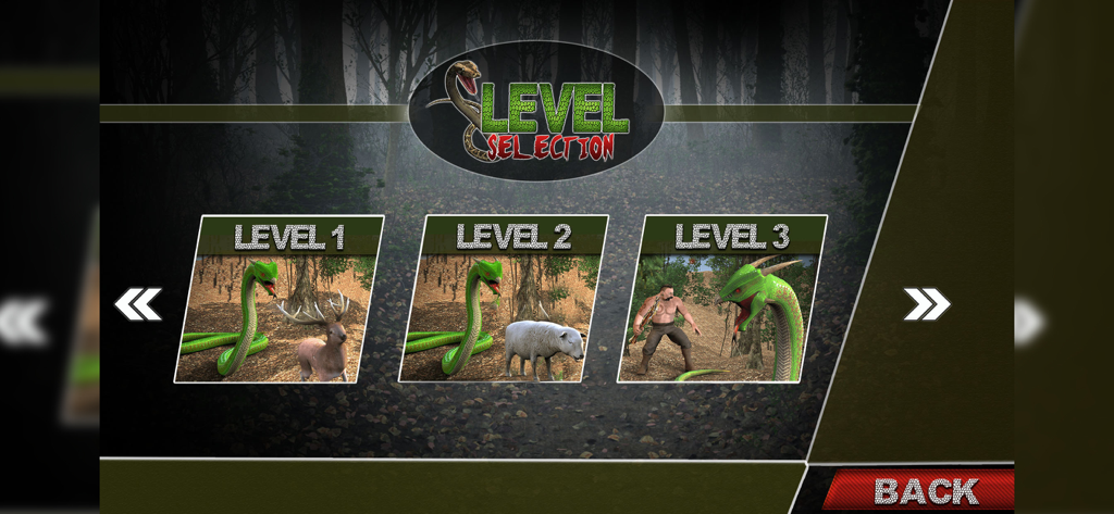Anaconda Attack Simulator 3D - Level selection screen in Anaconda Attack Simulator 3D showing three levels featuring a giant snake attacking a deer a sheep and a hunter