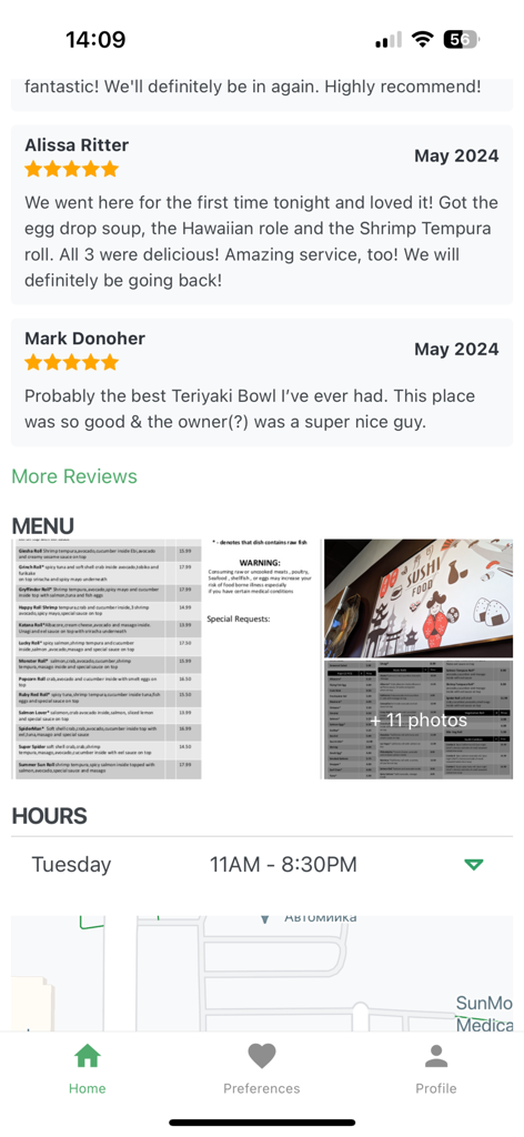 Restaurantji Dining Guide - Screenshot of the Restaurantji app showing user reviews menu items and opening hours for a restaurant