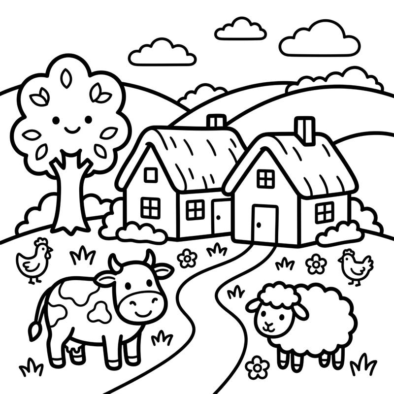 Introduce your little one to the joys of farm life with this delightful coloring page featuring cute cottages and friendly animals. Designed specifically for toddlers, its thick lines and large areas make it perfect for developing early coloring skills.