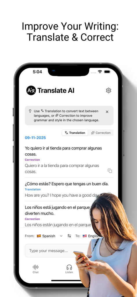 Translate AI: Live Translator - Pantalla del iPhone mostrando la aplicación Translate AI con corrección gramatical y traducción de texto de español a inglés
