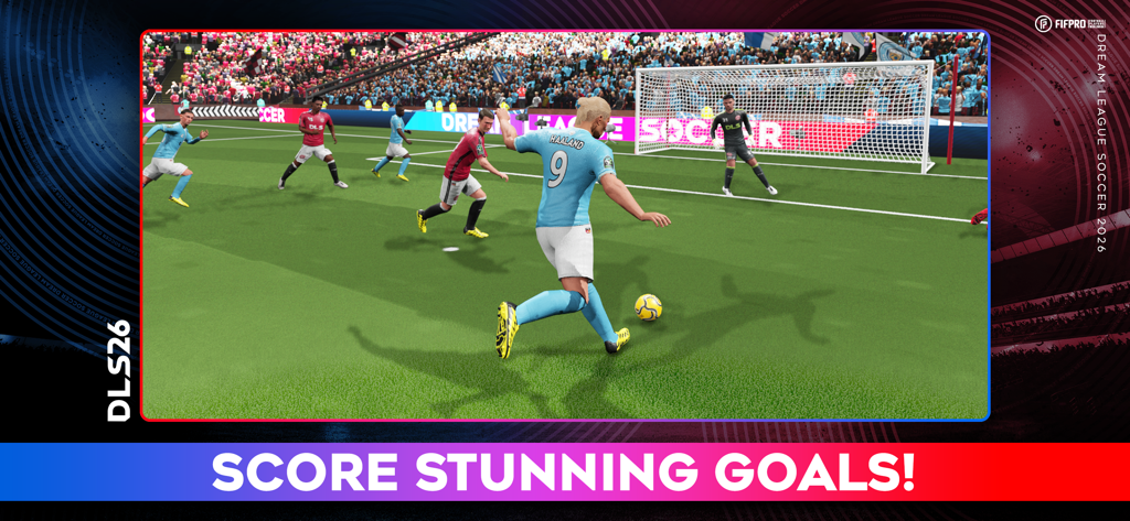 Realistisches 3D-Gameplay von Dream League Soccer 2026, das einen Spieler kurz vor einem Tor zeigt