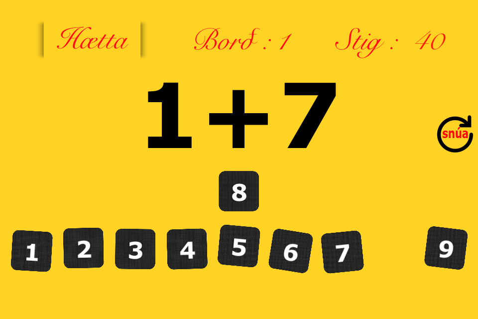 Stærðfræðileikurinn - Math learning app interface showing an addition problem
