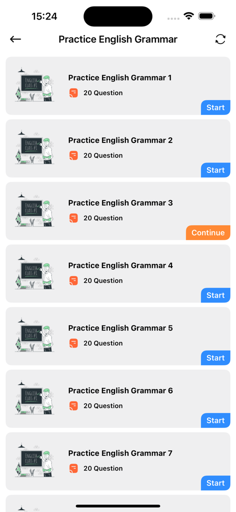 English Grammar Practice Skill - Una pantalla de aplicación móvil que muestra una lista de pruebas de práctica de gramática inglesa numeradas, cada una con veinte preguntas y botones de inicio.