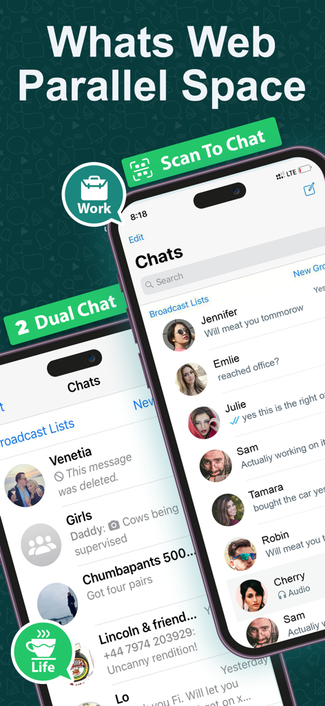 Whats Tracker interface showing dual account parallel space feature for work and personal life chats