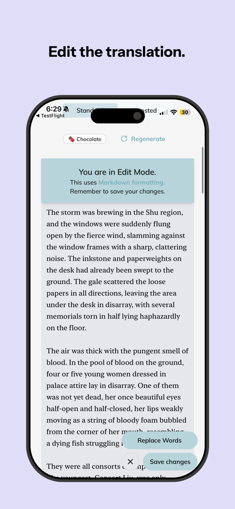 Interfaccia dell'app OpenNovel che mostra la modalità di modifica di una web novel tradotta con supporto markdown e funzionalità di sostituzione parole.