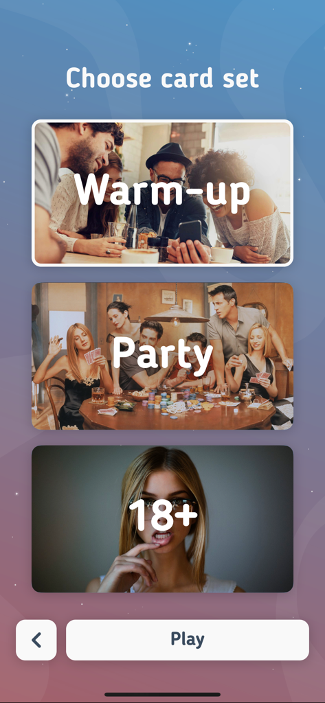 5 second rule - party game - Tela de seleção de conjuntos de cartas para o jogo de festa Regra dos 5 Segundos apresentando os modos Festa de Aquecimento e Mais de 18.