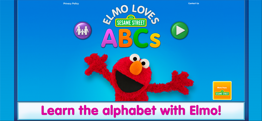 Elmo Loves ABCs - Elmo Loves ABCs app home screen with Elmo welcoming children to learn the alphabet
