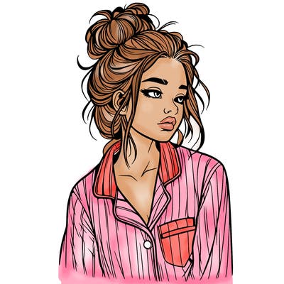 realistic woman with pajamas on and a messy bun