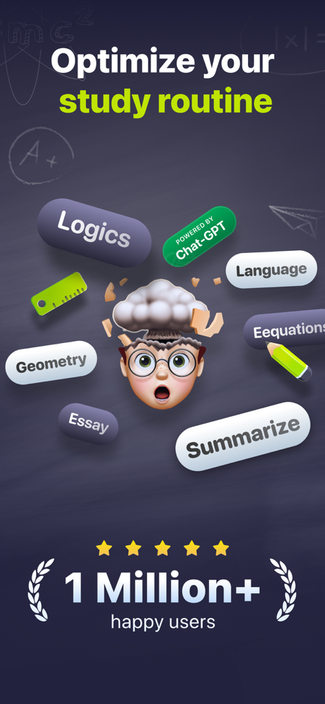 Smart Solver – AI Homework Aid - Smart Solver AI app screen highlighting study routine optimization and homework assistance for various subjects like math and essays