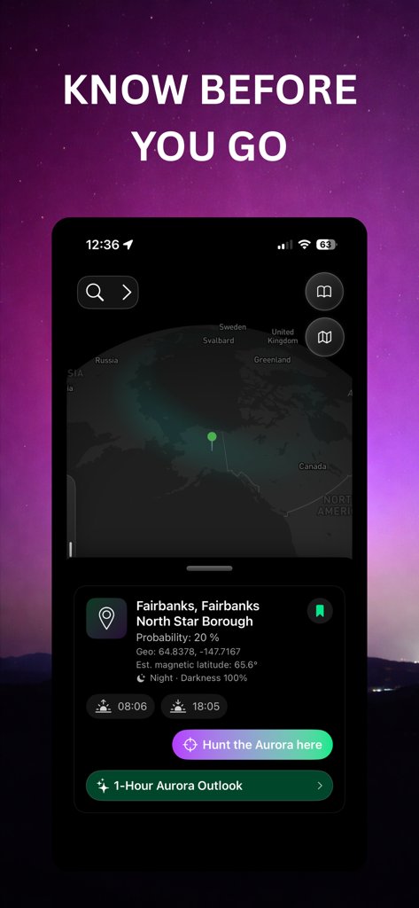 Auroras Forecast - Auroras Forecast mobile app showing northern lights probability and map for Fairbanks Alaska