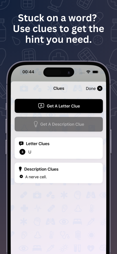 Medical Words: Puzzle Game - Interface showing letter and description clues for medical terminology puzzles