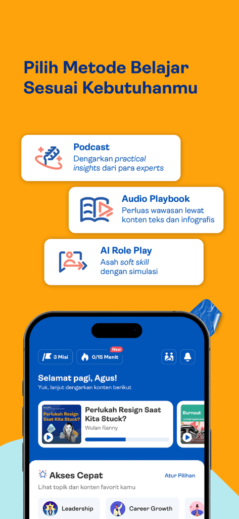 Inspigo Learning Experience - Inspigo app screen displaying Podcast Audio Playbook and AI Role Play learning options