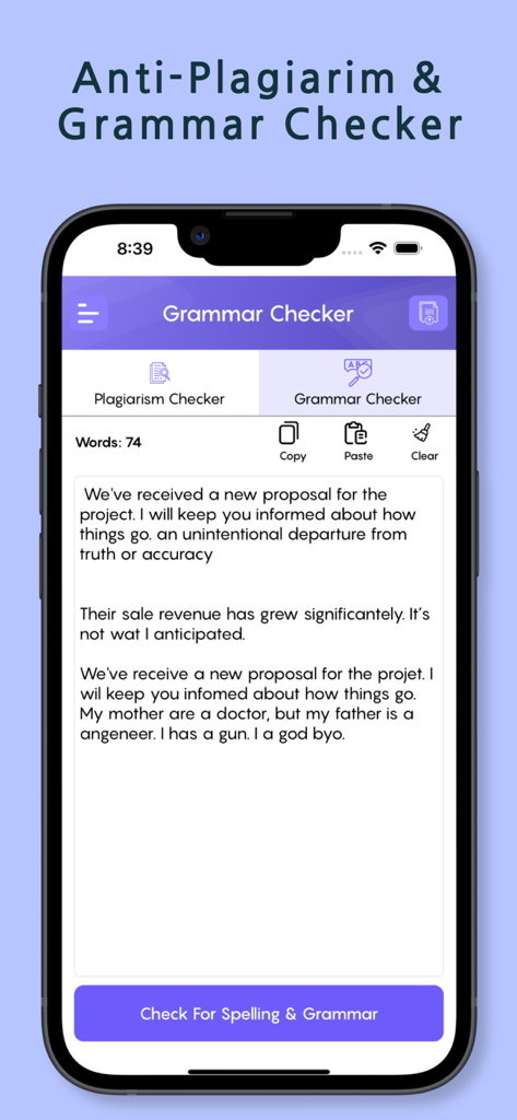 Interfaz del verificador de gramática en un iPhone para la aplicación Verificador de Gramática y Anti-Plagio