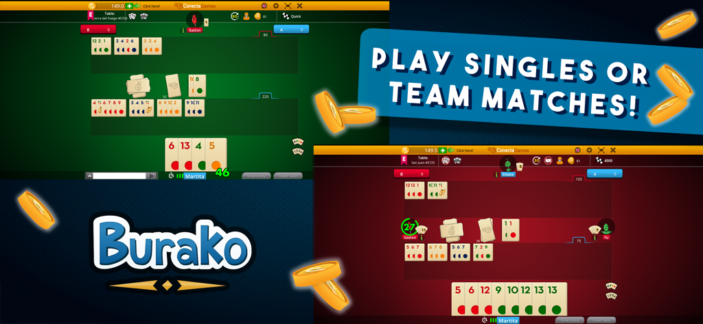 Burako - Burako mobile app interface showing tile matches and team mode options