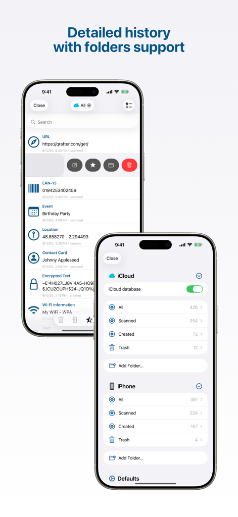 Qrafter: QR Code Reader - Qrafterアプリ。iPhoneでのスキャン履歴とフォルダの整理が表示されています