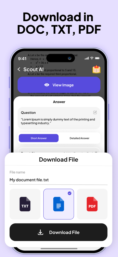 The Scout AI app interface for downloading answers in PDF TXT or DOC formats
