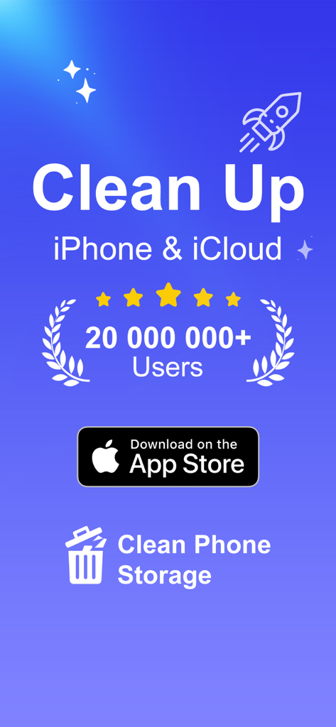 Pure Cleaner app interface showing options to clean up iPhone and iCloud storage with five star ratings