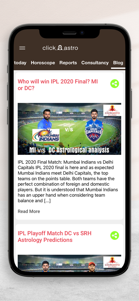 ClickAstro Kundali: Horoscopes - ClickAstro app blog interface showing astrological predictions for IPL cricket matches.