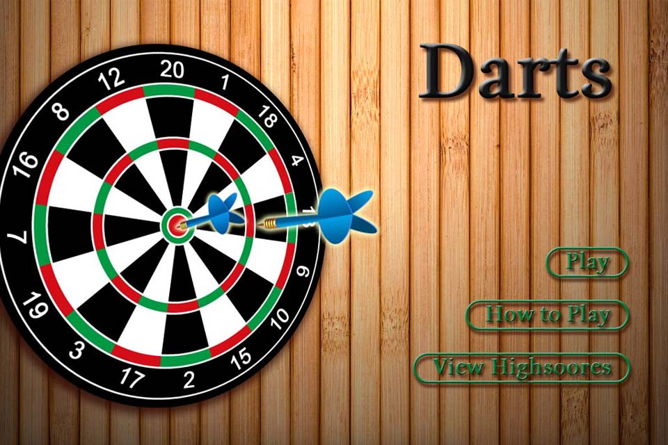 Darts Free - L'écran du menu principal du jeu mobile Darts Free, présentant un jeu de fléchettes sur fond de bois avec des boutons pour Jouer et Meilleurs scores.