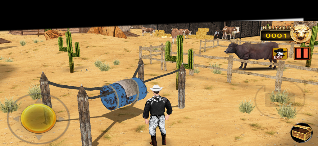 Bull Riding Challenge 4 - A cowboy character standing in a Western ranch training area with a blue barrel and bulls in pens