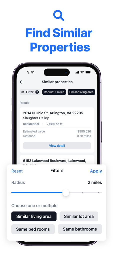 LandMap Property Line Finder - Une interface mobile de l'application LandMap montrant les résultats de recherche de propriétés et les filtres pour trouver des biens immobiliers similaires en fonction du rayon et de la superficie habitable.
