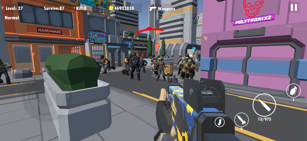 Survival: Offline Zombie War - First person perspective gameplay of a zombie survival shooter in a low poly city environment