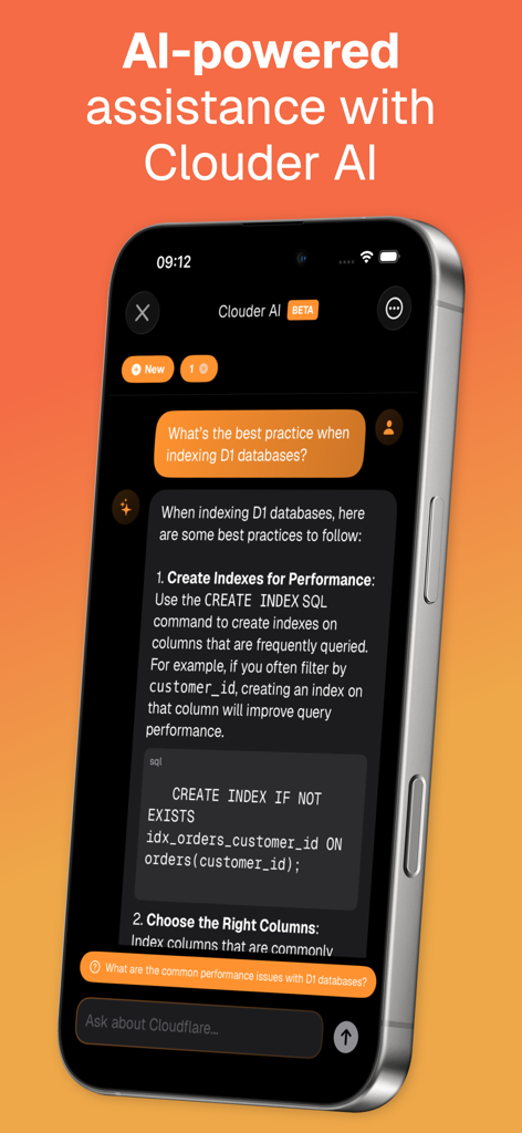 AI assistant chat interface in Clouder for Cloudflare app showing SQL code for D1 database indexing