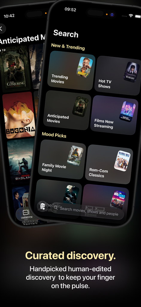 Showcase: Track Movies & Shows - Pantalla de búsqueda de la aplicación Showcase que muestra categorías curadas como Películas de Tendencia y Selecciones por Estado de Ánimo para películas y series.