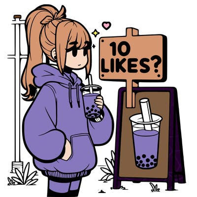 girl with oversized hoodie drinking boba and she has a high ponytail with a sign that says 10likes?