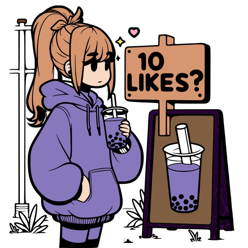 girl with oversized hoodie drinking boba and she has a high ponytail with a sign that says 10likes?
