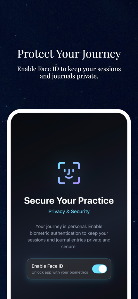 Astralis App Bildschirm zeigt Face ID biometrische Authentifizierung, um Journale und Sitzungen zur Astralprojektion privat zu halten