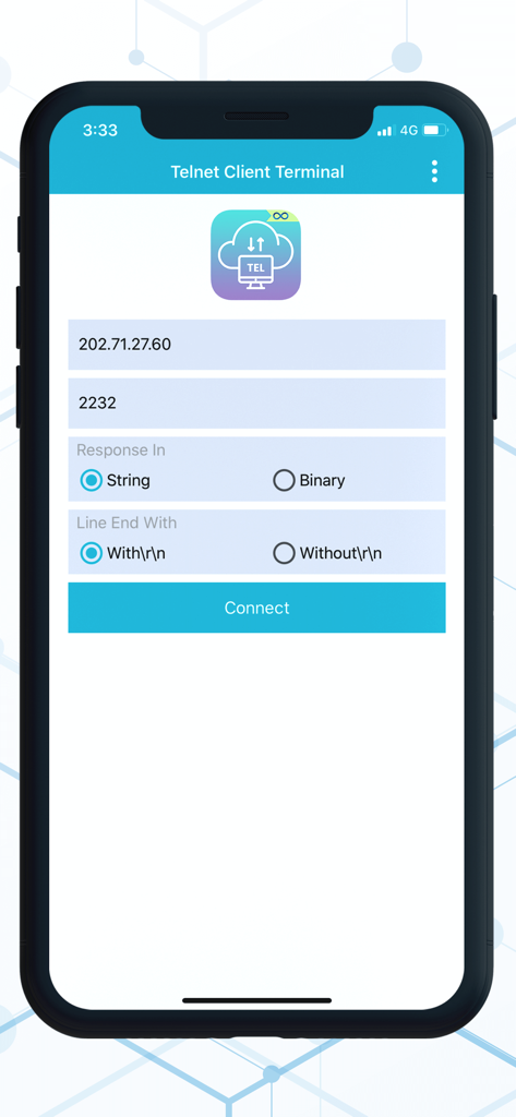 Telnet Client Terminal - Telnet Client Terminal mobile app connection screen showing IP address and port input fields