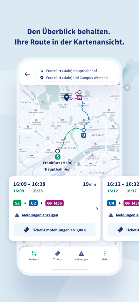 RMVgo - App móvil RMVgo mostrando un mapa de rutas de transporte público en Frankfurt