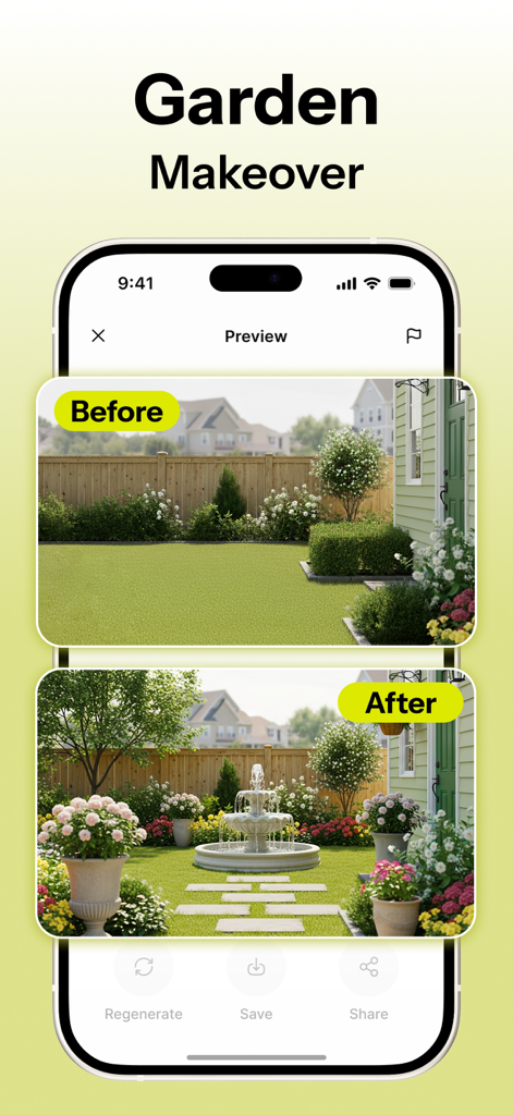 Before and after garden makeover comparison in the HomeMagic AI Interior Design app