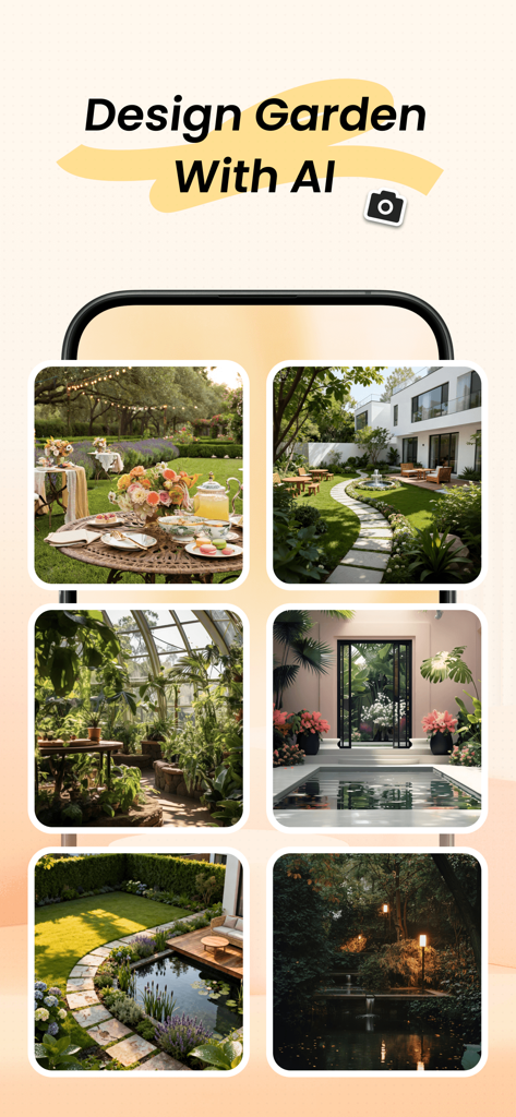 A showcase of six AI-generated garden and outdoor landscape design renderings within the HavenAI app.
