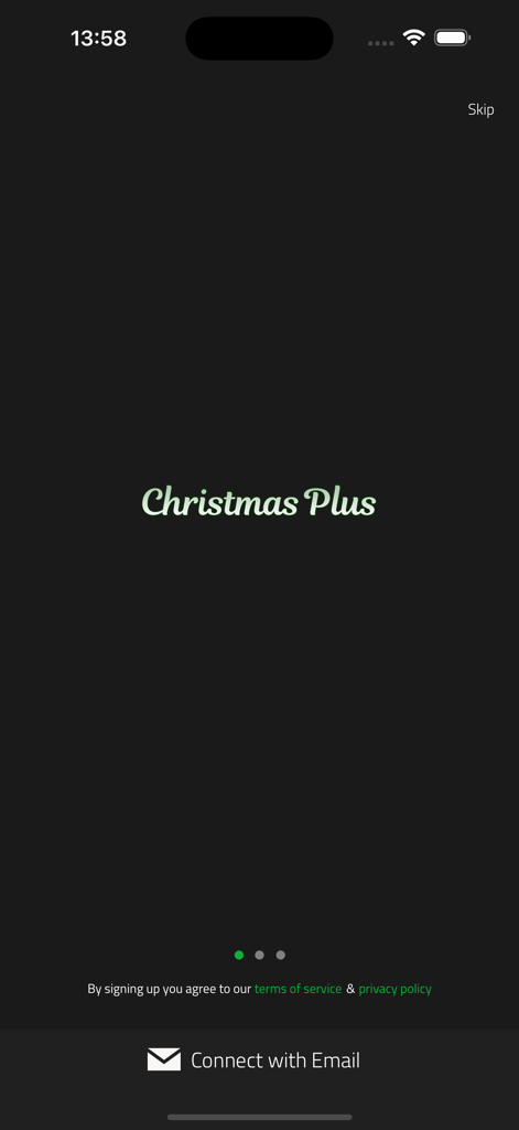Christmas Plus - Christmas Plus app onboarding screen with email login option