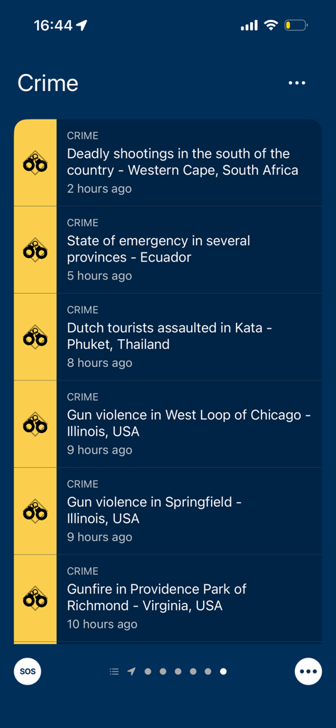 Screenshot of the Global Monitoring app displaying real-time crime alerts from various international locations.