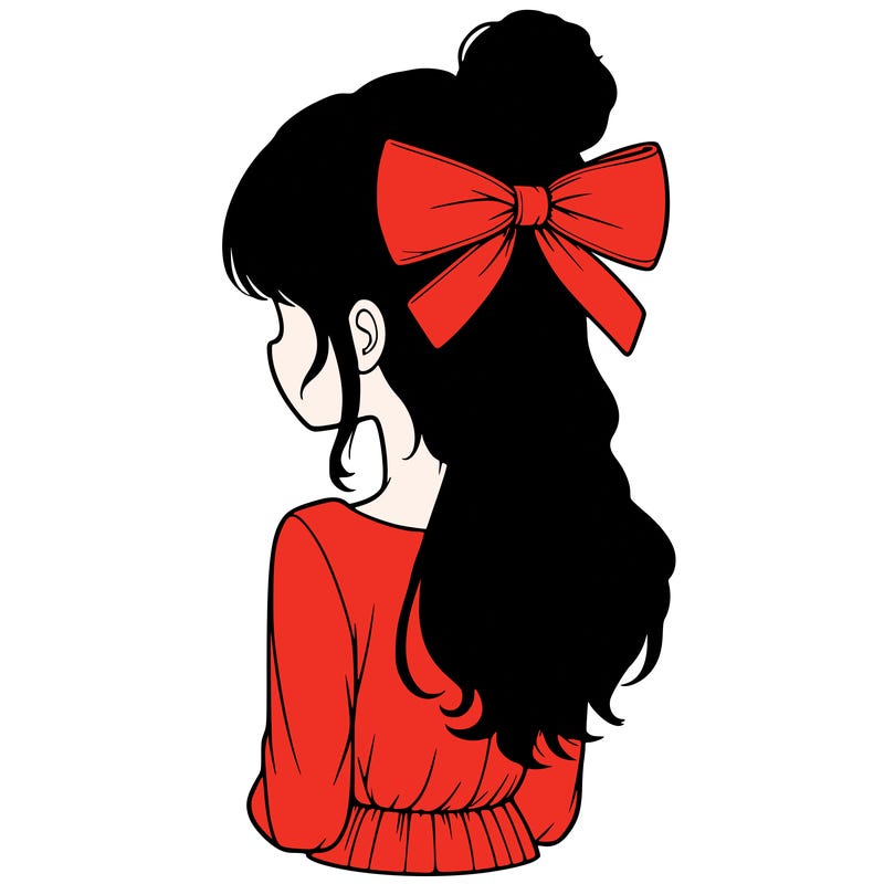 realistic girl  with hip length hair a bun and a big bow on the back of head