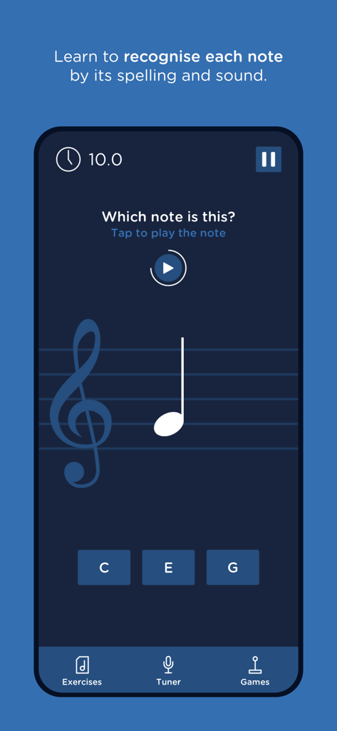 SolFaMe - SolFaMe app interface showing a music theory quiz for identifying notes on a treble clef staff
